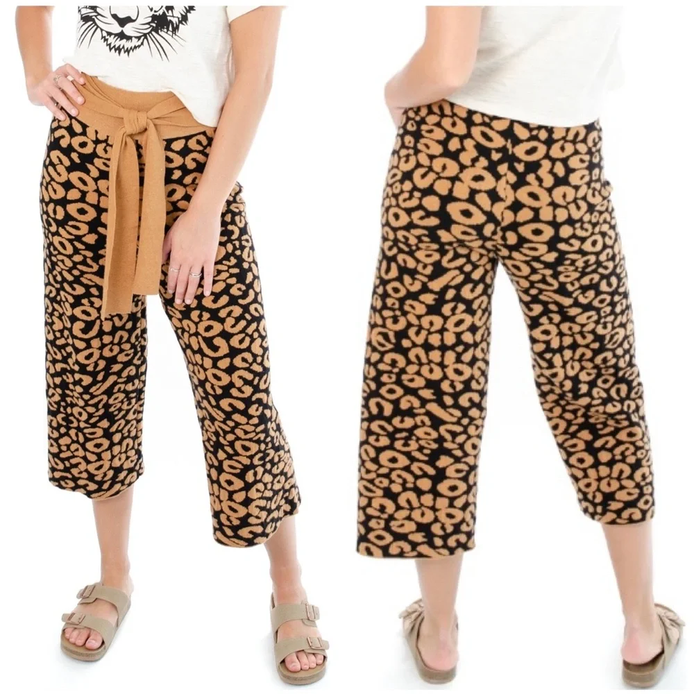 NWT THML Leopard Knit Wide Leg Tie Cropped Pants - Picture 1 of 14